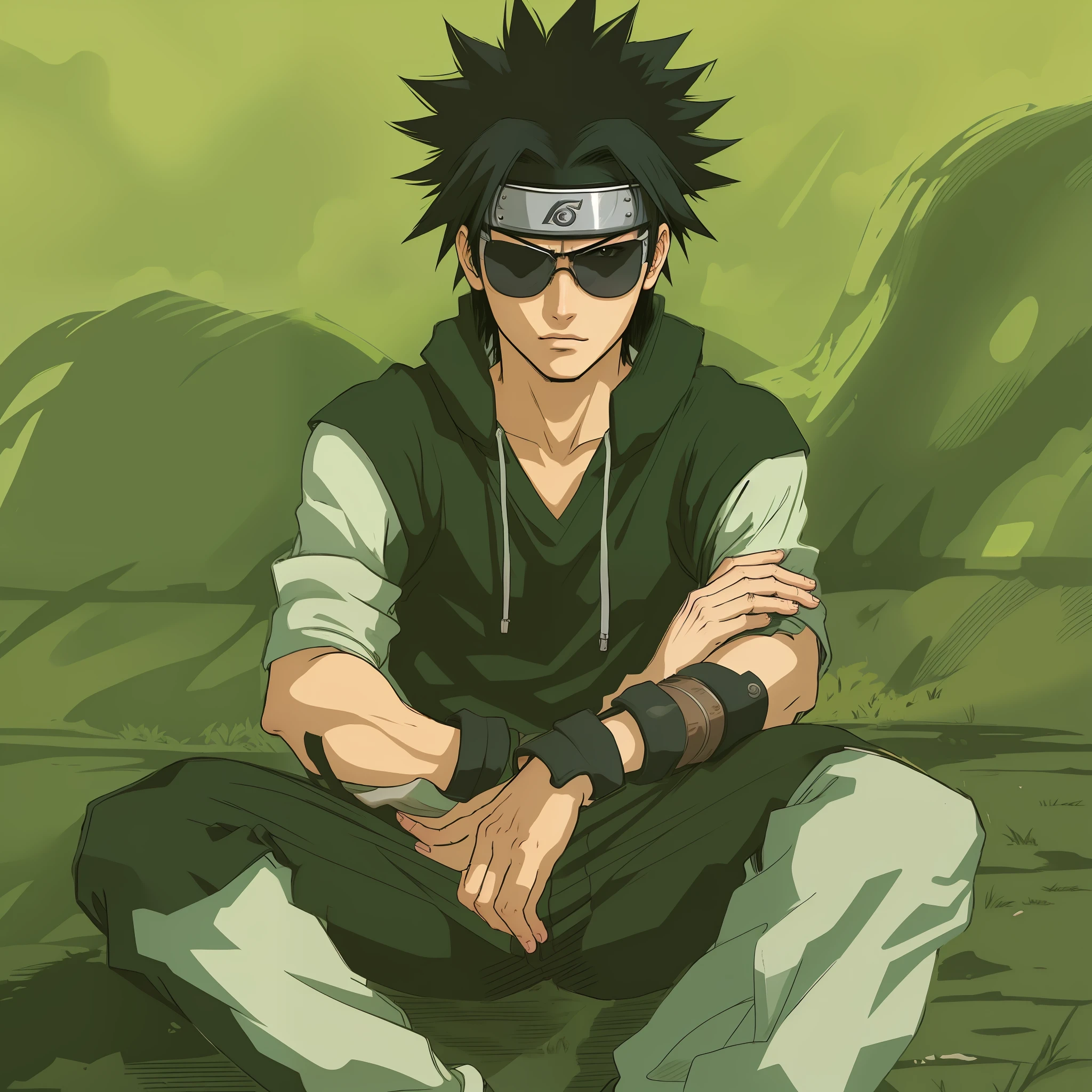 um homem jovem 18 anos, ninja jounin, cabelo preto, sun glasses, Anime Naruto, Estilo de Masashi Kishimoto