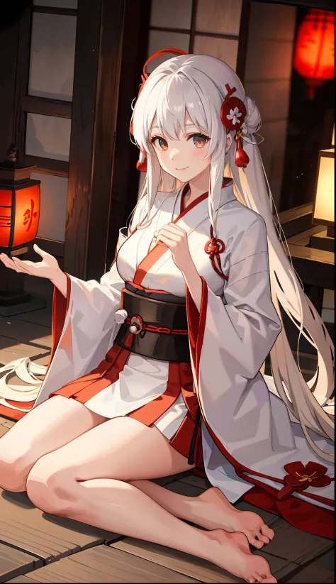 1girl in、A smile、Shrine of Japan、japanes、Japan priestess costume、Jacket is a white kimono、Vermilion hakama、（small tits）