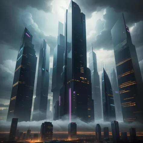 City of the future with many futuristic buildings on a stormy day