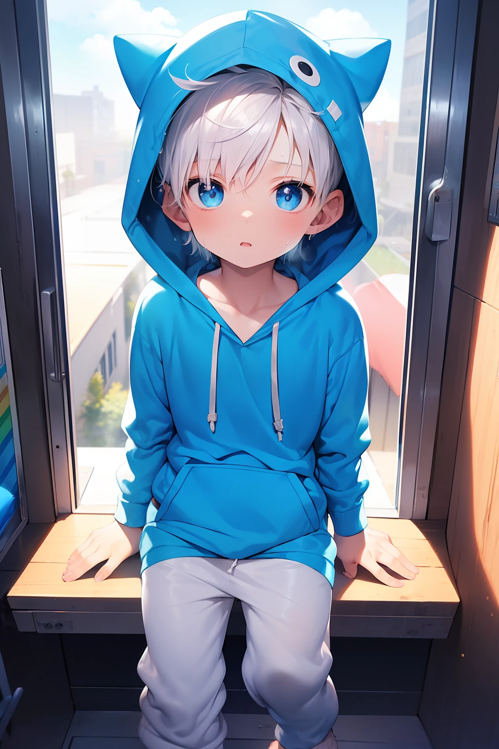 2 Little мальчикs with rainbow hair and shiny bright blue eyes and barefoot and маленький feet wearing a oversized Толстовка с капюшоном and спортивные штаны sitting on a window ledge, краснея, молодой, мальчик, , маленький, ребенок, начинающий ходить, крошечные ножки, (спортивные штаны:1.4), (молодой:1.4), (ребенок:1.4), (шота:1.4), (Толстовка с капюшоном:1.4),