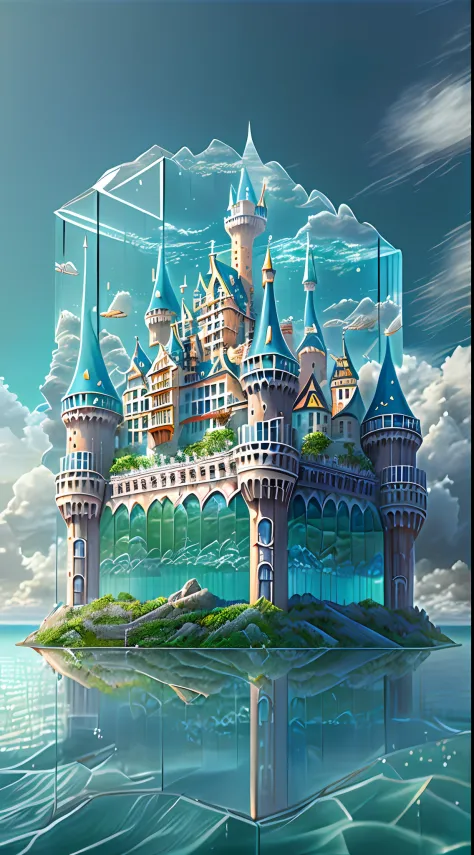 "(A castle made of glass Floating in the sky:1.2), majestic, cloud, (underneath we see a beautiful ocean with waves), (best qual...