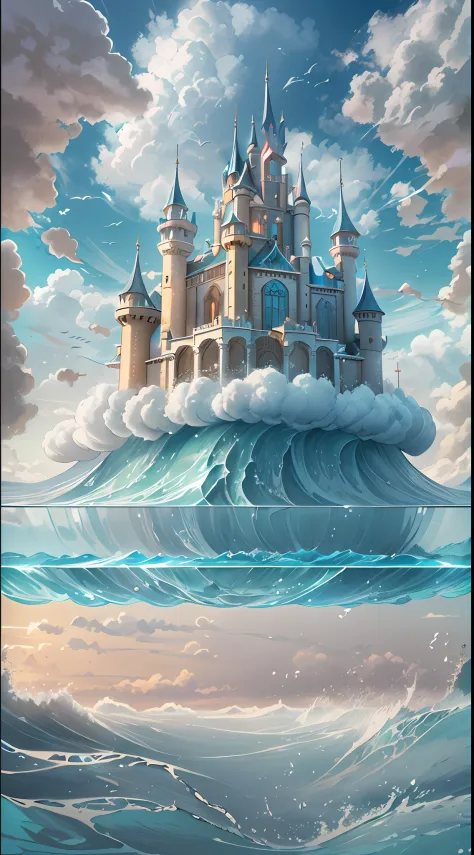 "(Floating in the air majestic cloud castle with walls made of glass), underneath we see a (beautiful ocean with big waves)  wit...