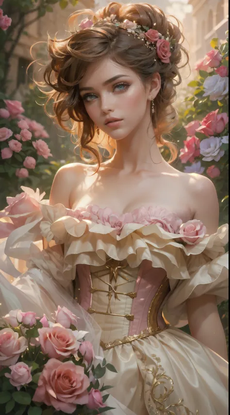 This is realistic fantasy artwork set in the an enchanted pastel bubblegum and rose garden. Generate a proud woman with a highly...
