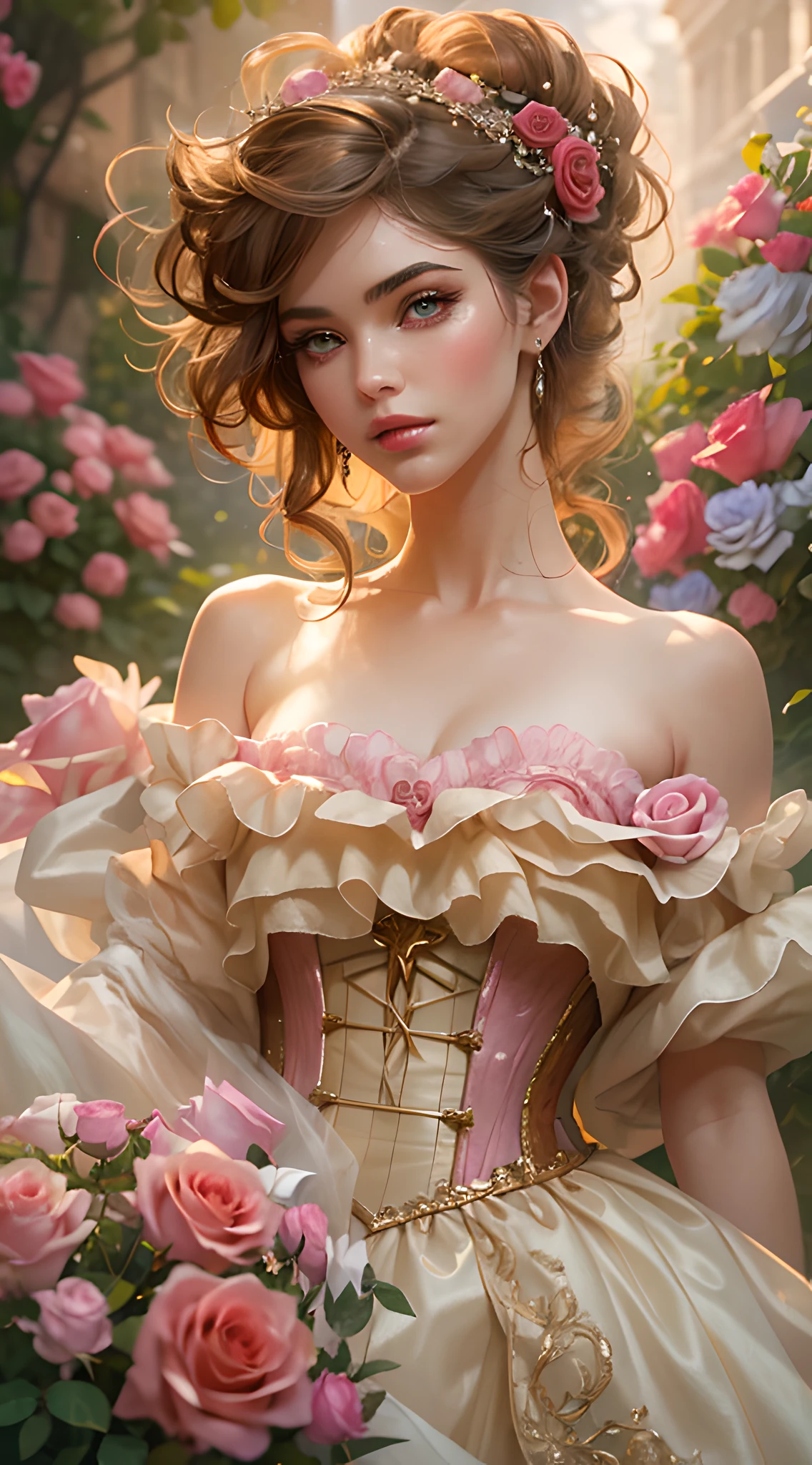 This is realistic fantasy artwork set in the an enchanted pastel bubblegum and rose garden. Generate a proud woman with a highly detailed face dressed in the billowing folds of a stunning French silk ballgown. The woman's sweet face is ((((highly detailed, with realistic features and soft, puffy lips.)))) The ballgown is embellished with ruffles, sashes, and bows and a delicately, but intricately, hand-embroidered bodice. The corset features silk ribbon. The woman's stunning eyes are beautifully detailed, featuring realistic shading and multiple colors and high resolution. The woman is in a garden of eternal roses, each one beautifully formed and highly detailed. These realistic roses feature shimmering shades of pink, yellow, orange, and glimmering red. The eternal rose is a deep shade of red with shimmering pink overtones and undertones. Ensure that the woman's face, hair, and eyes are perfect. Important: include interesting details like stars, bubbles, ((and glitter)). realism, high fantasy, whimsical fantasy, storybook fantasy, fairytale fantasy, fantasy details, enchanting, bewitching, 8k, hires, cgi, digital painting, unity, unreal engine, (((masterpiece))), intricate, elegant, highly detailed, majestic, digital photography, art by artgerm and ruan jia and greg rutkowski, (masterpiece, finely detailed beautiful eyes: 1.2), hdr, realistic skin texture, (((1woman))), (((solo))), Include a highly detailed face, extremely detailed face, and interesting background.