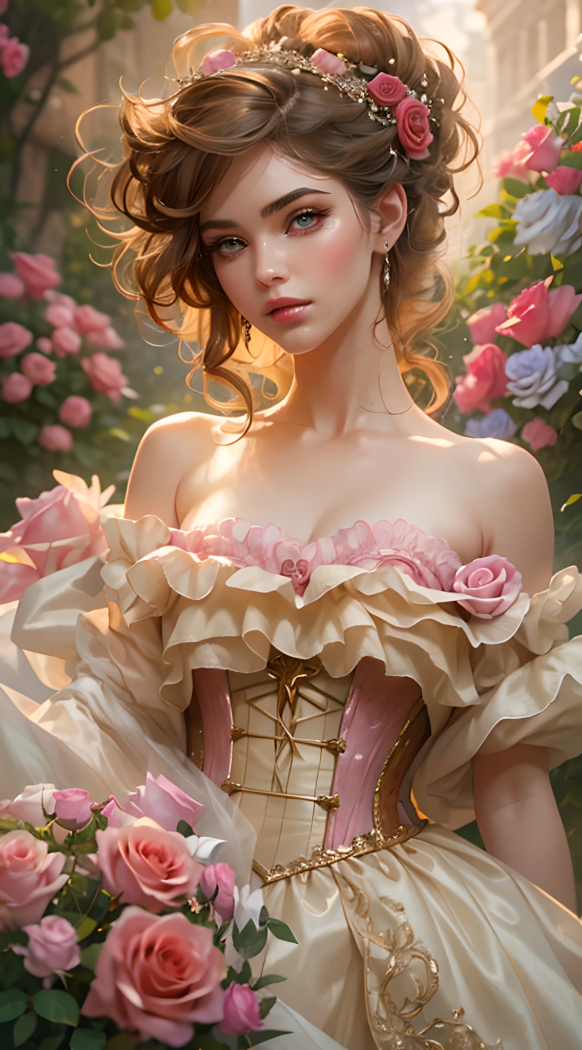 Il s’agit d’une œuvre d’art fantastique réaliste située dans un bubblegum pastel enchanté et une roseraie. Generate a proud woman with a très détaillé face dressed in the billowing folds of a stunning French silk ballgown. Le doux visage de la femme est ((((très détaillé, avec des caractéristiques réalistes et douces, lèvres gonflées.)))) La robe de bal est agrémentée de volants, ceintures, et des arcs et un délicatement, but complexely, corsage brodé à la main. Le corset comporte un ruban de soie. Les superbes yeux de la femme sont magnifiquement détaillés, avec des ombres réalistes, des couleurs multiples et une haute résolution. La femme est dans un jardin de roses éternelles, each one beautifully formed and très détaillé. Ces roses réalistes présentent des nuances de rose chatoyantes, jaune, orange, et rouge scintillant. La rose éternelle est une nuance de rouge profond avec des nuances et des nuances roses chatoyantes.. Assurez-vous que le visage de la femme, cheveux, et les yeux sont parfaits. important: inclure des détails intéressants comme des étoiles, Bulles, ((et des paillettes)). le réalisme, Haute fantaisie, fantaisie fantaisiste, livre de contes fantastique, fantaisie de conte de fées, détails fantastiques, enchanteur, enchantant, 8k, embauche, cgi, peinture numérique, Unité, Moteur irréel, (((chef-d&#39;œuvre))), complexe, élégant, très détaillé, majestueux, la photographie numérique, art par artgerm et ruan jia et greg rutkowski, (chef-d&#39;œuvre, de beaux yeux finement détaillés: 1.2), hdr, texture de peau réaliste, (((1femme))), (((seulement))), Include a très détaillé face, visage extrêmement détaillé, et un contexte intéressant.