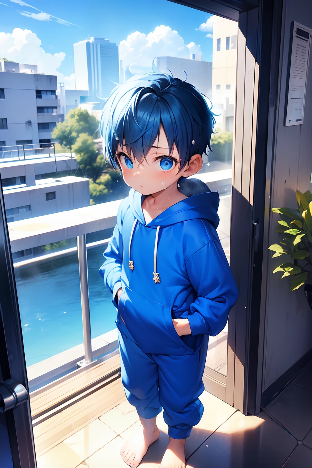 1 Little 男生 with blue hair and shiny bright blue eyes and barefoot and 小的 feet wearing a yellow oversized 连帽衫 and 运动裤 sitting on a window ledge, 脸红, 年轻的, 男生, , 小的, 学步的儿童, 小脚, (运动裤:1.4), (年轻的:1.4), (孩子:1.4), (翔太:1.4), (连帽衫:1.4),