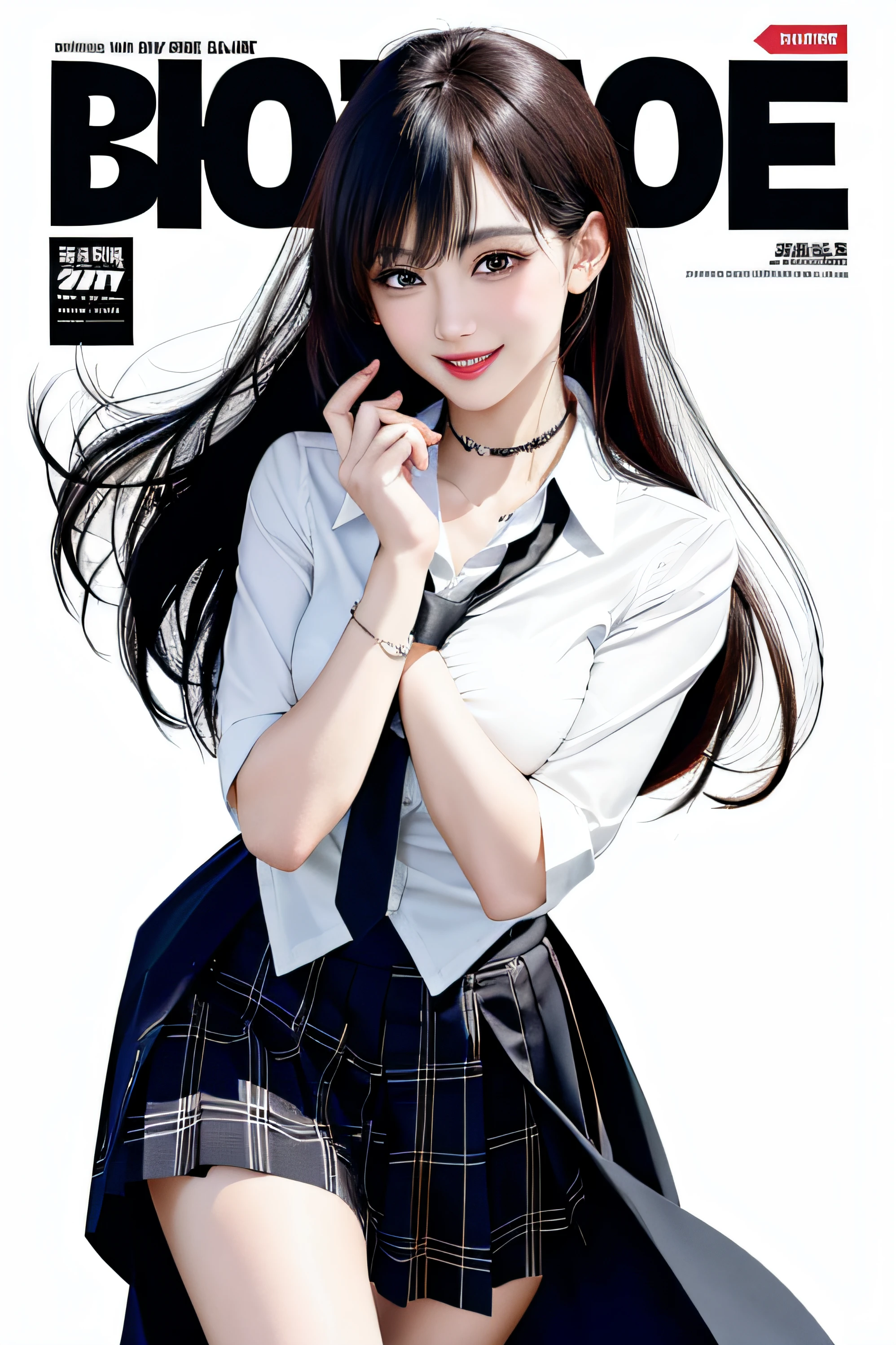 masterpiece, best quality, full body, 1girl, bangs, black choker, black necktie, black hair, blue skirt, blush, bracelet, breasts, choker, clothes around waist, collarbone, collared shirt, cowboy shot, dress shirt, ear piercing, eyebrows visible through hair, gradient hair, grin, gyaru, jewelry, kogal, long hair, looking at viewer, loose necktie, necktie, piercing, plaid, plaid skirt, pleated skirt, red eyes, ring, school uniform, shirt, skirt, smile, solo, white shirt, street, sky, cherry blossoms, petals,illustration, (magazine:1.3), (cover-style:1.3), fashionable, woman, vibrant, outfit, posing, front, colorful, dynamic, background, elements, confident, expression, holding, statement, accessory, majestic, coiled, around, touch, scene, text, cover, bold, attention-grabbing, title, stylish, font, catchy, headline, larger, striking, modern, trendy, focus, fashion,