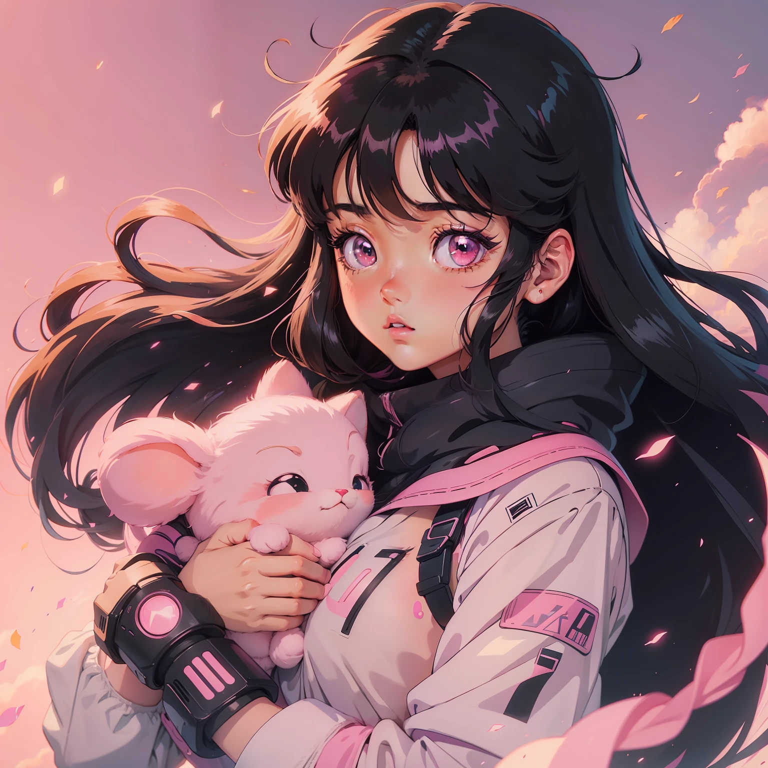 Anime girl holding a cat in her arms with a pink background - SeaArt AI