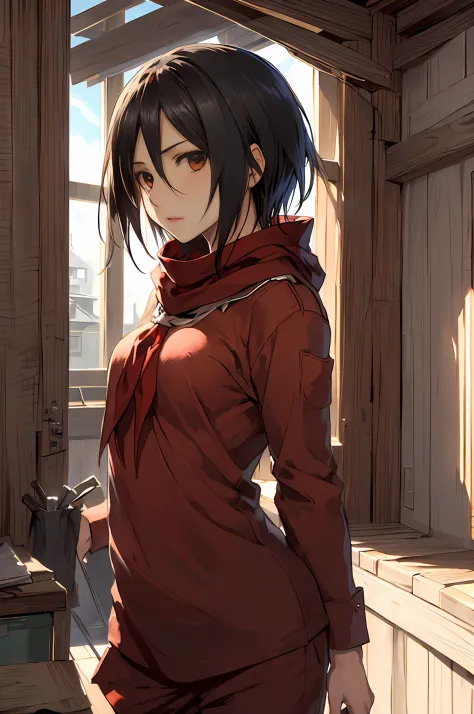 "Calidad excepcional, Arte anime de Mikasa Ackerman en pijama. Mirada seria, postura sexy. gloomy sky, red neckerchief. Gpo."