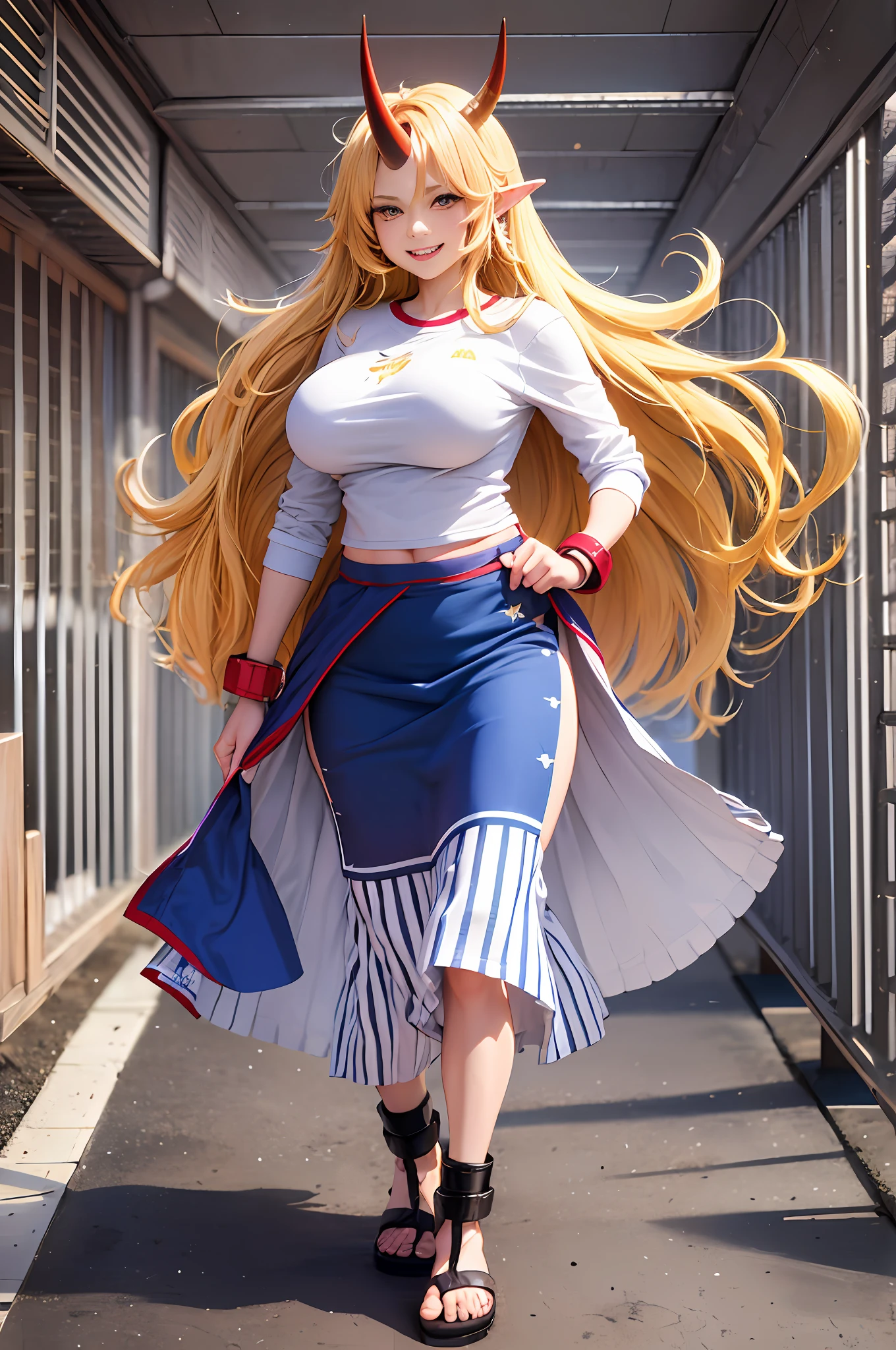 hoshiguma yuugi,1girl,single horn, pointy ears, blonde hair, long hair,yellow eyes,shackles ,white shirt,skirt,, muscle girl, huge breast,walking, single horn, long skirt, flip flops, sharpteeth, smile, tomboy,very long skirt, blue skirt