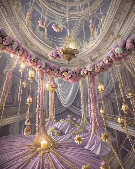 Close-up of a room with lots of flowers on the ceiling, fantastic atmosphere and drama, Fantastic aesthetics, dreamy and detaile...