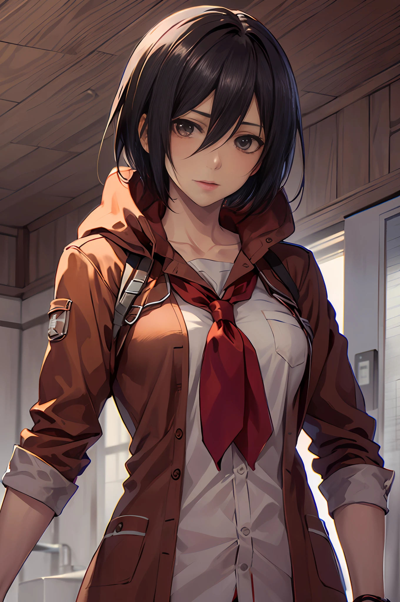 "calidad excepcional, Arte anime de Mikasa Ackerman en pijama. mira seria, Postura sexy. pañuelo rojo. gpo."