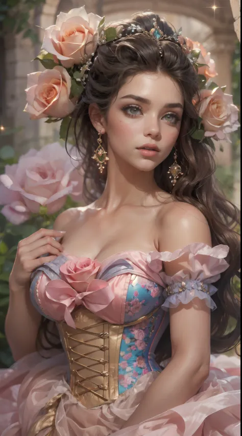 This is realistic fantasy artwork set in the an enchanted pastel bubblegum and rose garden. Generate a proud woman with a highly...