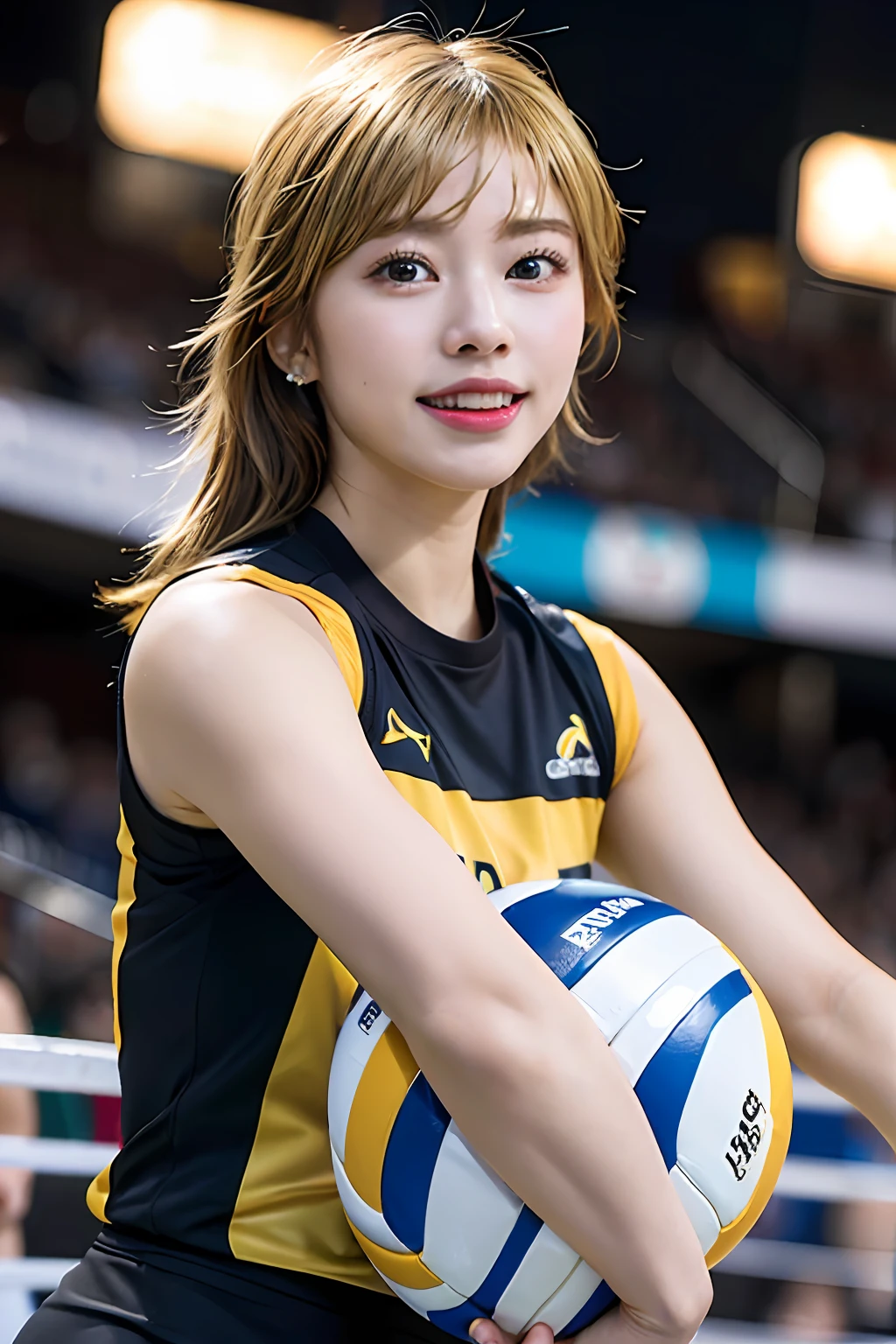 Best quality, masterpiece, ultra high res, (photorealistic: 1.4), highly detailed, professional lighting smile, Stick out the tip of the tongue. Golden-haired black woman playing volleyball, in stadium, tight suit