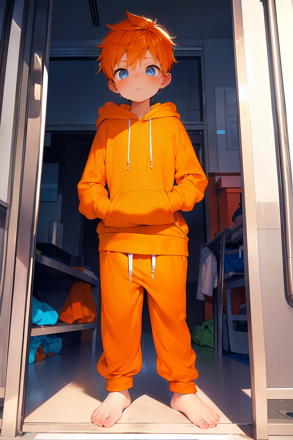 1  with orange hair and shiny bright blue eyes and barefoot and small feet wearing a yellow oversized hoodie and sweatpants sitting on a window ledge, blushing, young, boy, child, small, toddler, tiny feet, (sweatpants:1.4), (young:1.4), (child:1.4), (shota:1.4), (hoodie:1.4),