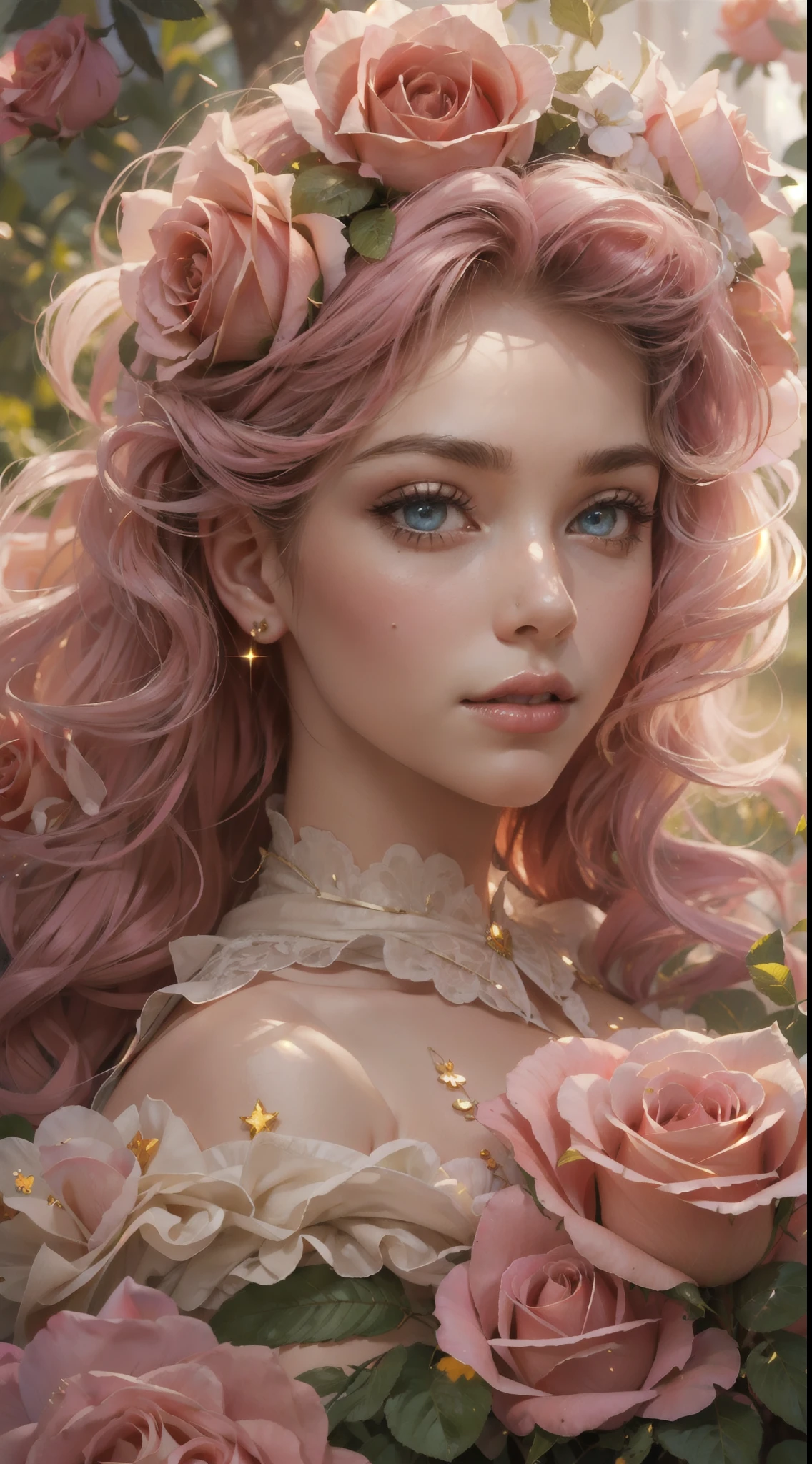 This is realistic fantasy artwork set in the an enchanted pastel bubblegum and rose garden. Generate a proud woman with a highly detailed face dressed in the billowing folds of a stunning French silk ballgown. The woman's sweet face is ((((highly detailed, with realistic features and soft, puffy lips.)))) The ballgown is embellished with ruffles, sashes, and bows and a delicately, but intricately, hand-embroidered bodice. The corset features silk ribbon. The woman's stunning eyes are beautifully detailed, featuring realistic shading and multiple colors and high resolution. The woman is in a garden of eternal roses, each one beautifully formed and highly detailed. These realistic roses feature shimmering shades of pink, yellow, orange, and glimmering red. The eternal rose is a deep shade of red with shimmering pink overtones and undertones. Ensure that the woman's face, hair, and eyes are perfect. Important: include interesting details like stars, bubbles, ((and glitter)). realism, high fantasy, whimsical fantasy, storybook fantasy, fairytale fantasy, fantasy details, enchanting, bewitching, 8k, hires, cgi, digital painting, unity, unreal engine, (((masterpiece))), intricate, elegant, highly detailed, majestic, digital photography, art by artgerm and ruan jia and greg rutkowski, (masterpiece, finely detailed beautiful eyes: 1.2), hdr, realistic skin texture, (((1woman))), (((solo))), Include a highly detailed face, extremely detailed face, and interesting background.