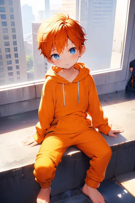 1 Little boy with orange hair and shiny bright blue eyes and barefoot and small feet wearing a yellow oversized hoodie and sweat...