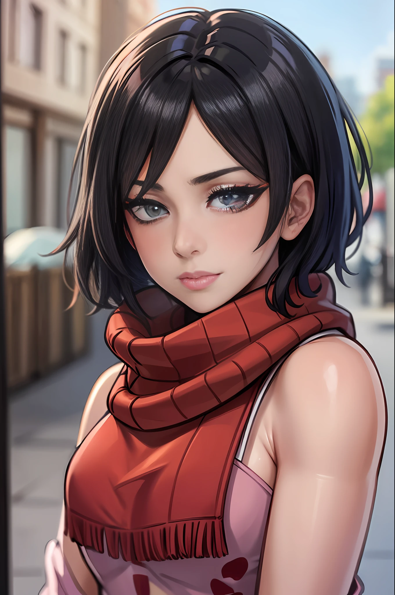 Masterpiece, The best quality, High Resolutions, Hmmikasa, short hair, black eyes, Red scarf, ((pajamas)),  crossed arms, sexy