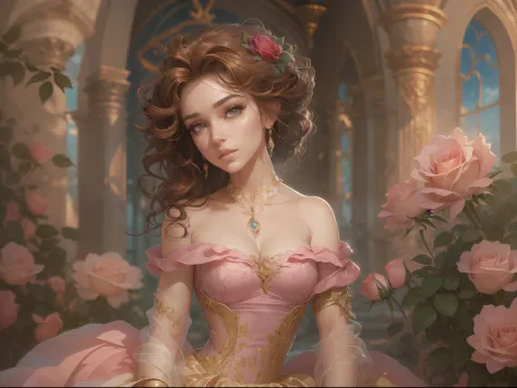 This artwork is in the style of realistic fantasy set in the castle's rose garden. Generate a woman with a beautiful detailed fa...