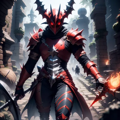 Jogo terraria, armadura de adamantite vermelha, com asas demoniacas cinzas, uma espada larga branca chamada Excalibur.