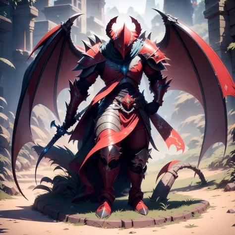 Jogo terraria, armadura de adamantite vermelha, com asas demoniacas cinzas, uma espada larga branca chamada Excalibur.