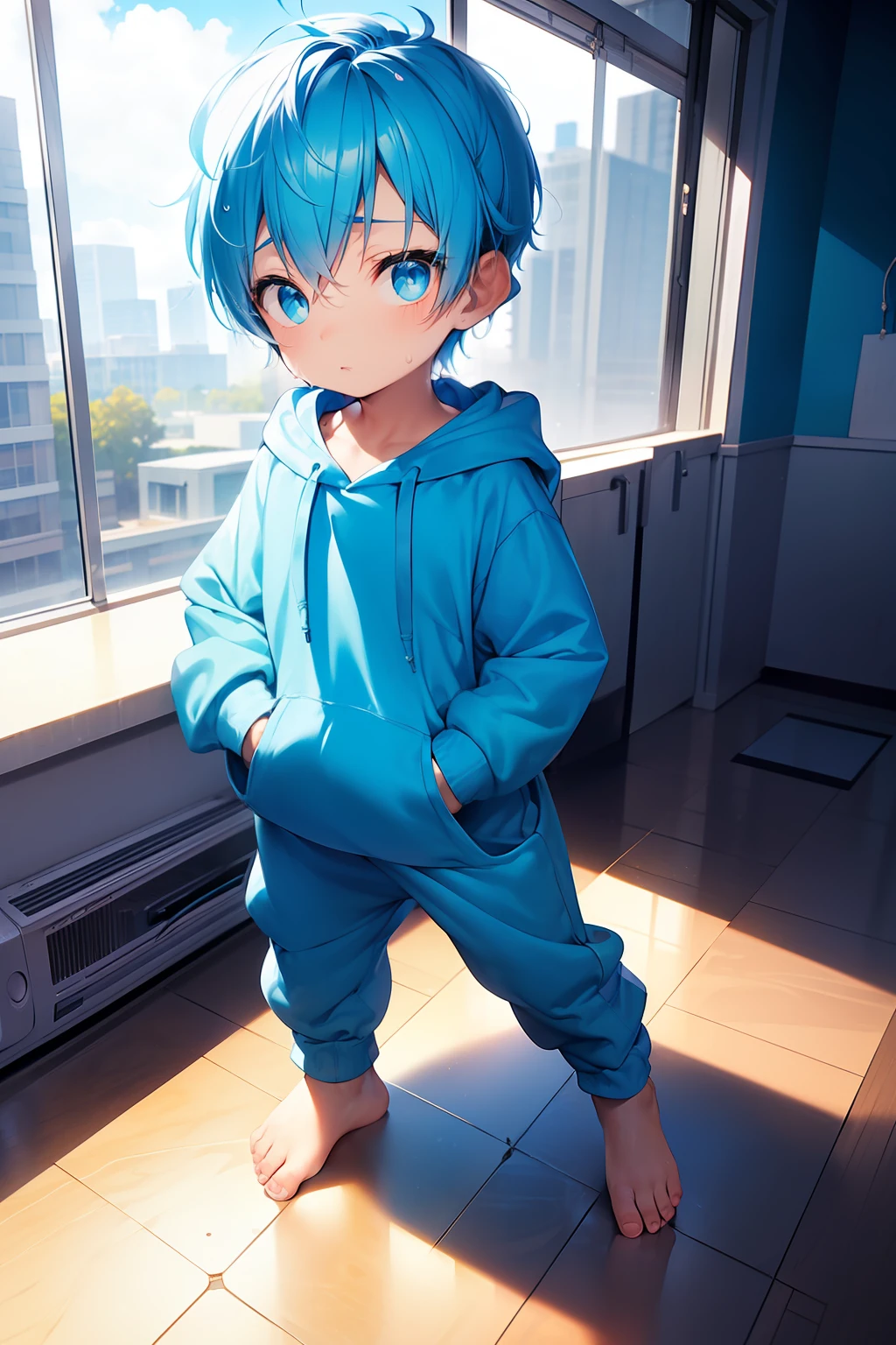 1 Little мальчик with blue hair and shiny bright cyan eyes and barefoot and маленький feet wearing a yellow oversized Толстовка с капюшоном and спортивные штаны sitting on a window ledge, краснея, молодой, мальчик, , маленький, ребенок, начинающий ходить, крошечные ножки, (спортивные штаны:1.4), (молодой:1.4), (ребенок:1.4), (шота:1.4), (Толстовка с капюшоном:1.4),