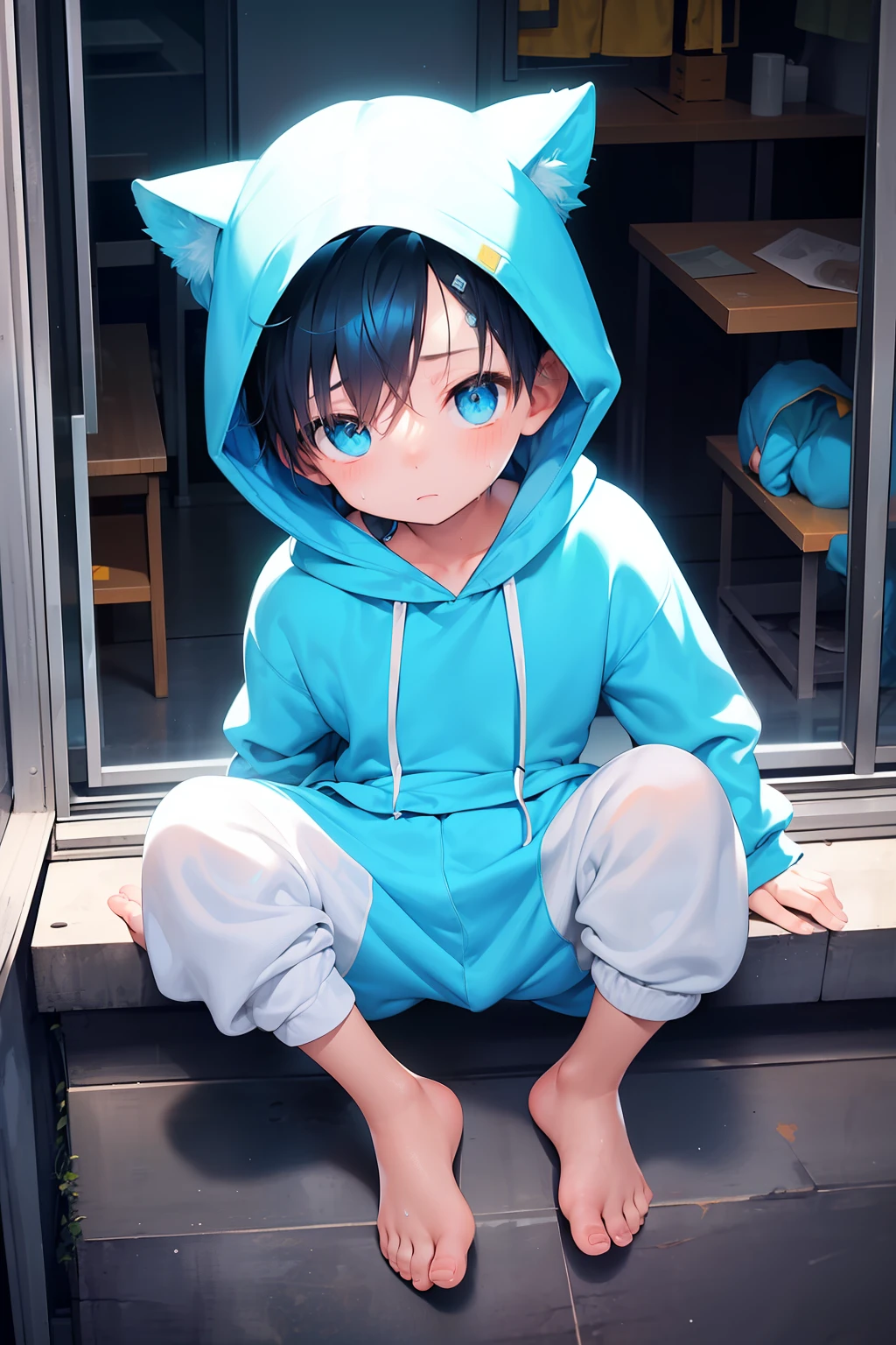 1  with blue hair and shiny bright cyan eyes and barefoot and 小さい feet wearing a yellow oversized パーカー and スウェットパンツ sitting on a window ledge, 赤面, 若い, 男の子, 子供, 小さい, 幼児, 小さな足, (スウェットパンツ:1.4), (若い:1.4), (子供:1.4), (ショタ:1.4), (パーカー:1.4),