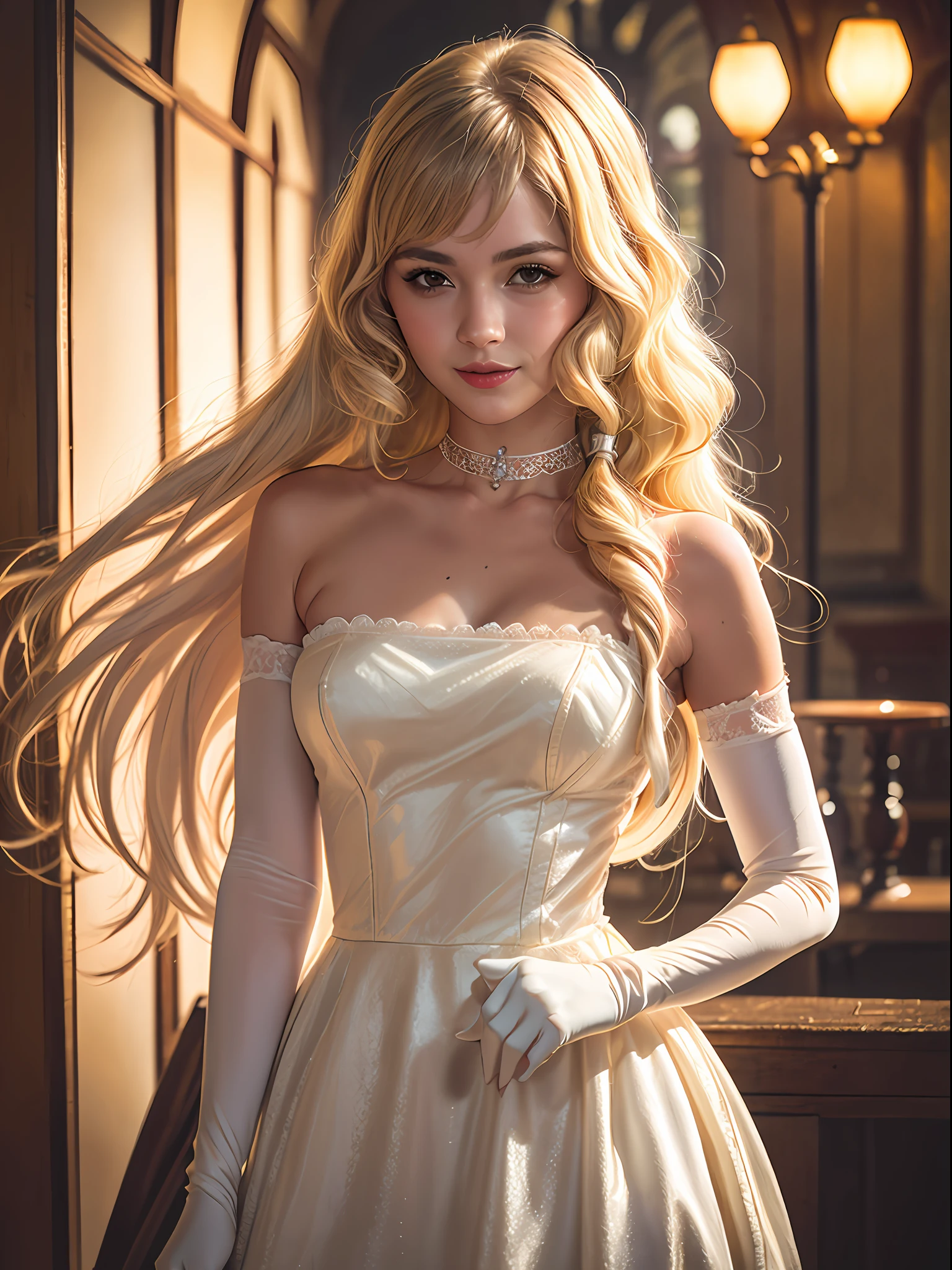 (masterpiece, best quality:1.4), full body, (standing:1.2), looking at the viewer, smile, 1girl, solo, (european youth:1), chii, brown eyes, choker, (higly detailed antique lace dress), elbow gloves, frills, gloves, platinum blonde hair, ribbon choker, medium breasts, solo, strap slip, very long hair, white dress, white gloves mksks style,  beautiful face, (highly detailed face 1.2), highly detailed skin, skin pores, subsurface scattering, realistic pupils, highly detailed face, (highly detailed eyes:1.2), full face blush, full lips, detailed background, depth of field, volumetric lighting, sharp focus, absurdres, realistic proportions, good anatomy, (realistic, hyperrealistic:1.4), 16k hdr,