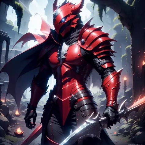 Jogo terraria, armadura de adamantite vermelha, com asas demoniacas cinzas, uma espada Excalibur.