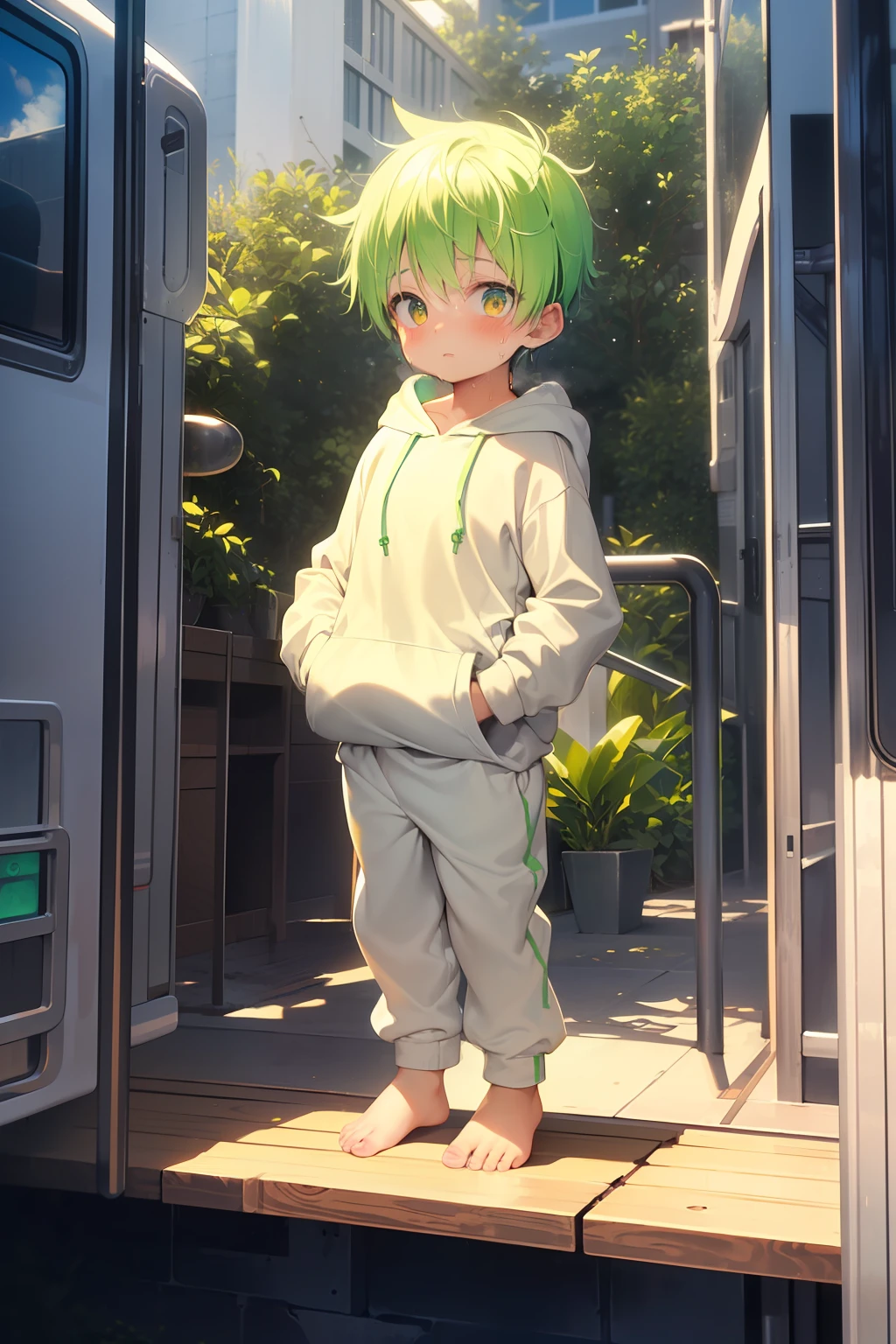 1 Little мальчик with bright green hair and shiny bright golden eyes and barefoot and маленький feet wearing a yellow oversized Толстовка с капюшоном and спортивные штаны sitting on a window ledge, краснея, молодой, мальчик, , маленький, ребенок, начинающий ходить, крошечные ножки, (спортивные штаны:1.4), (молодой:1.4), (ребенок:1.4), (шота:1.4), (Толстовка с капюшоном:1.4),