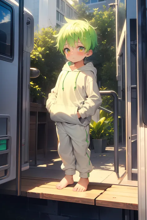 1 Little boy with bright green hair and shiny bright golden eyes and barefoot and small feet wearing a yellow oversized hoodie a...