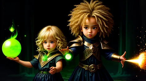 realistic photo, girl child 10 years old, blonde big hair, holding a green ball in his hands, spell casting mage, he is casting ...