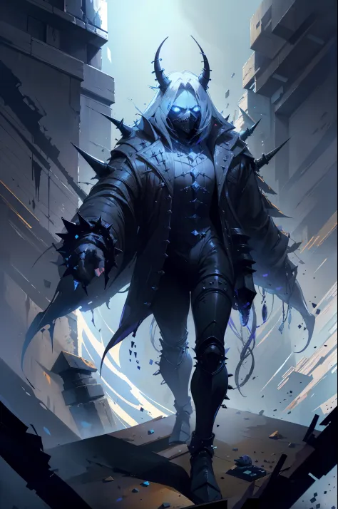 a black  monster dog quadruped without face with spikes on his back, with blue details and sharp teeths, faceless, no eyes
