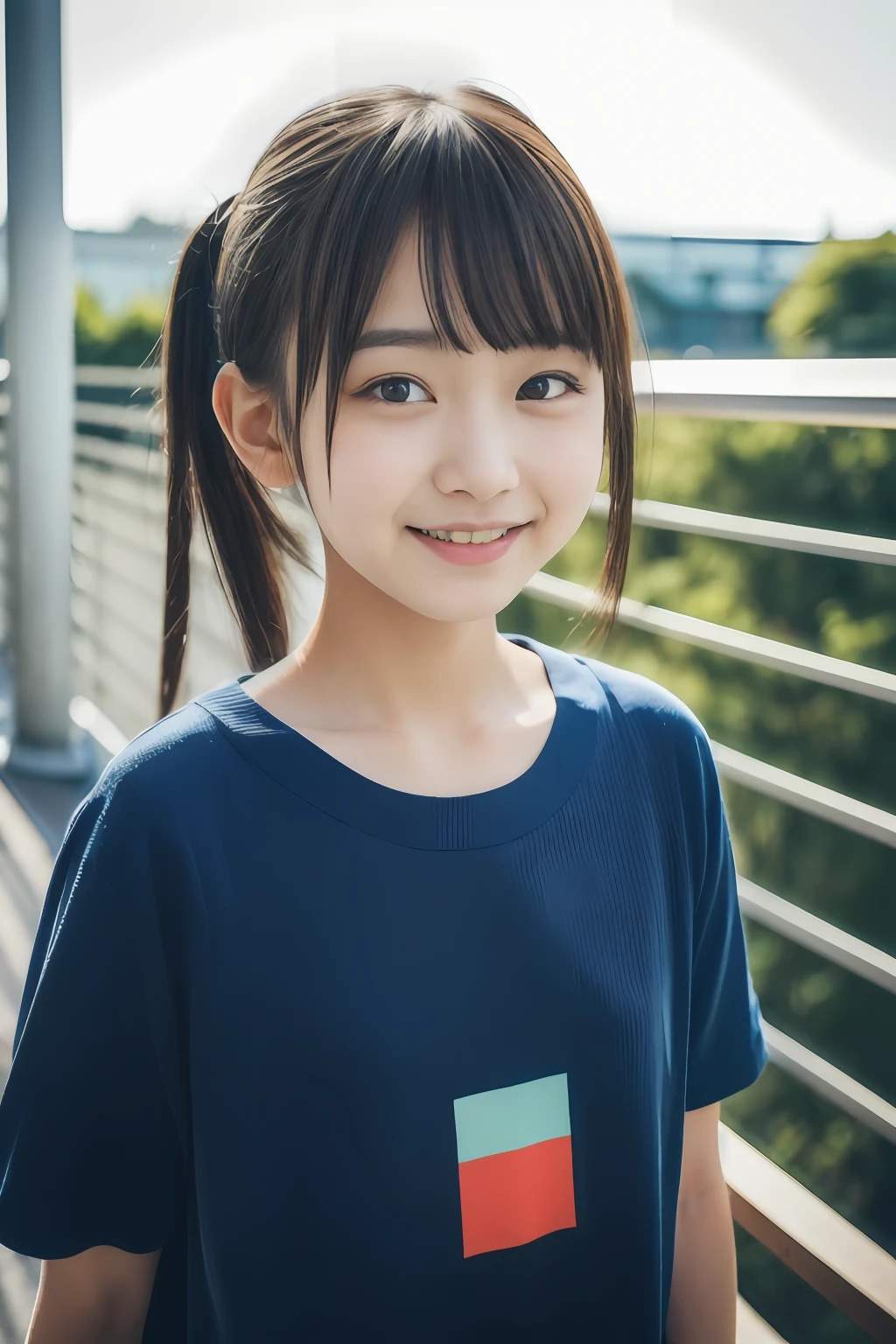 A close up of a young girl with a blue shirt and a red and green patch ...