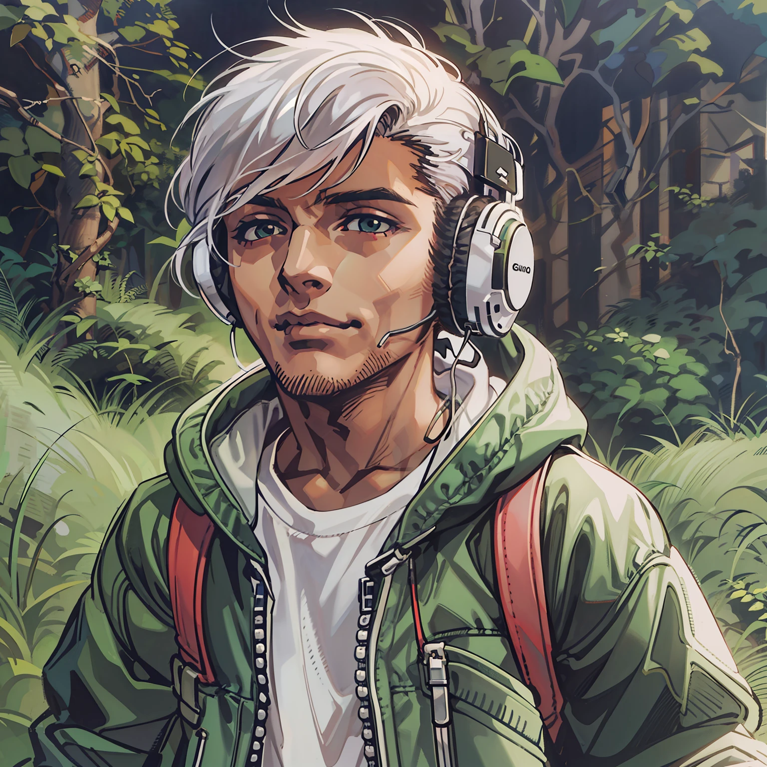 白头发可爱的十几岁的男孩, 穿着时髦的衣服，脖子上挂着白色耳机. 在有绿色草坪的山顶上.