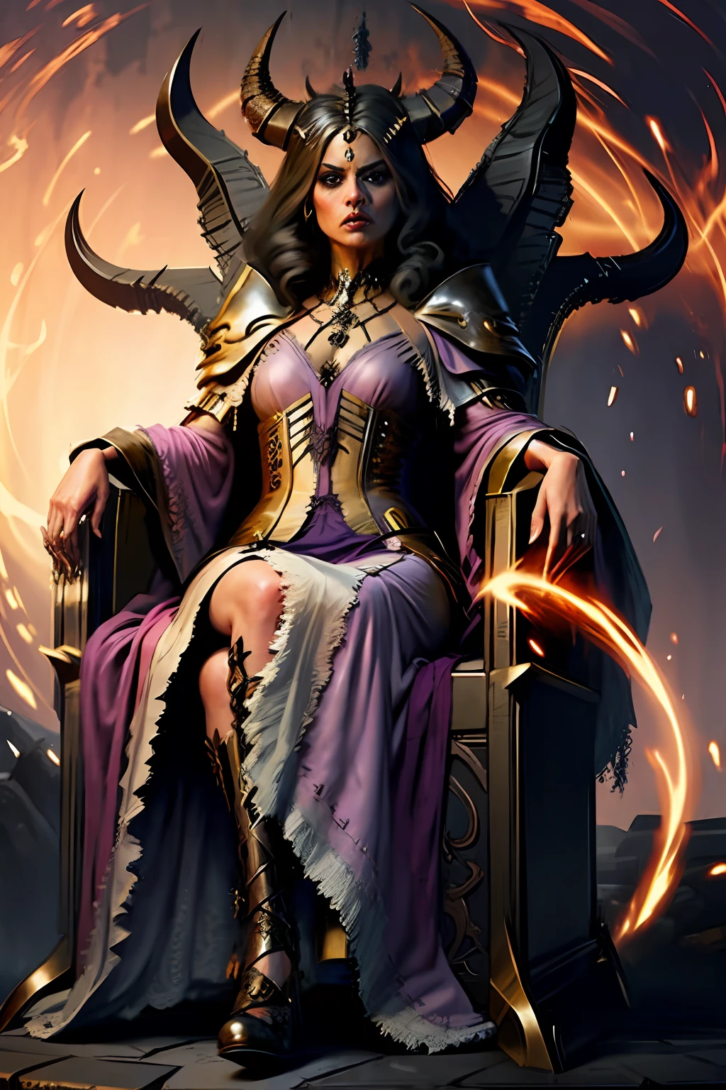 A princesa do inferno com roupa de caftan sentada em seu trono