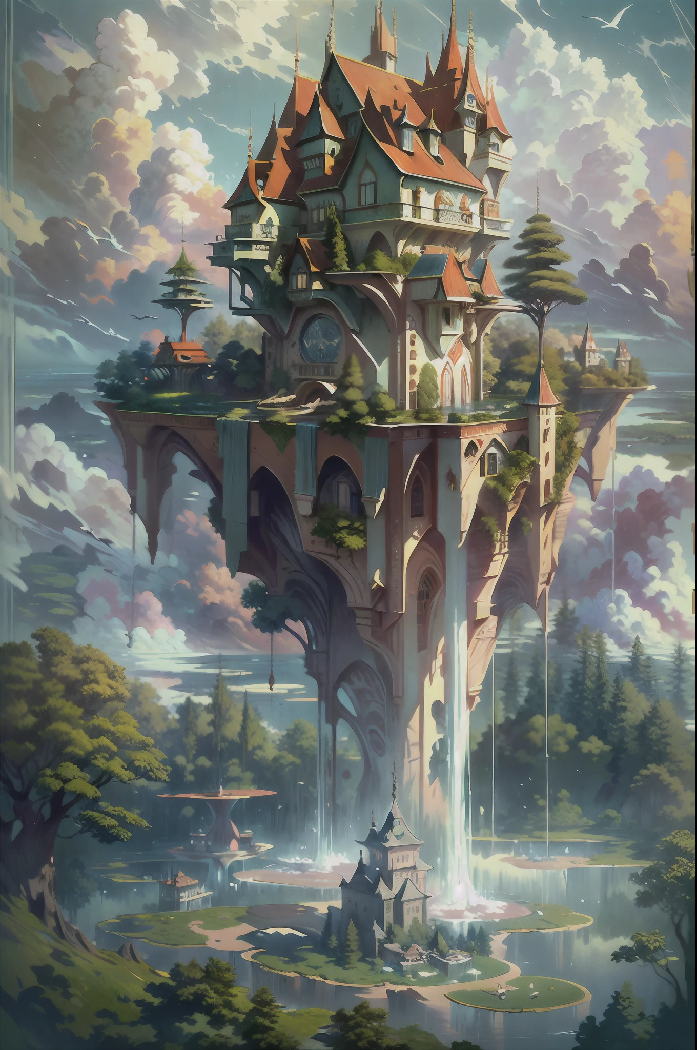 Upside Down World:2, (an artist's design of a floating Castle on the floating the land and Forest and Fountain in the air, above the A few clouds and thunderstorms)1.4, bird's-eye view, scenery, no humans, a fantastic magical world,  (Best quality), (masterpiece:1.3), (photorealistic:1.36), (realistic), ultra-detailed,, detail background,