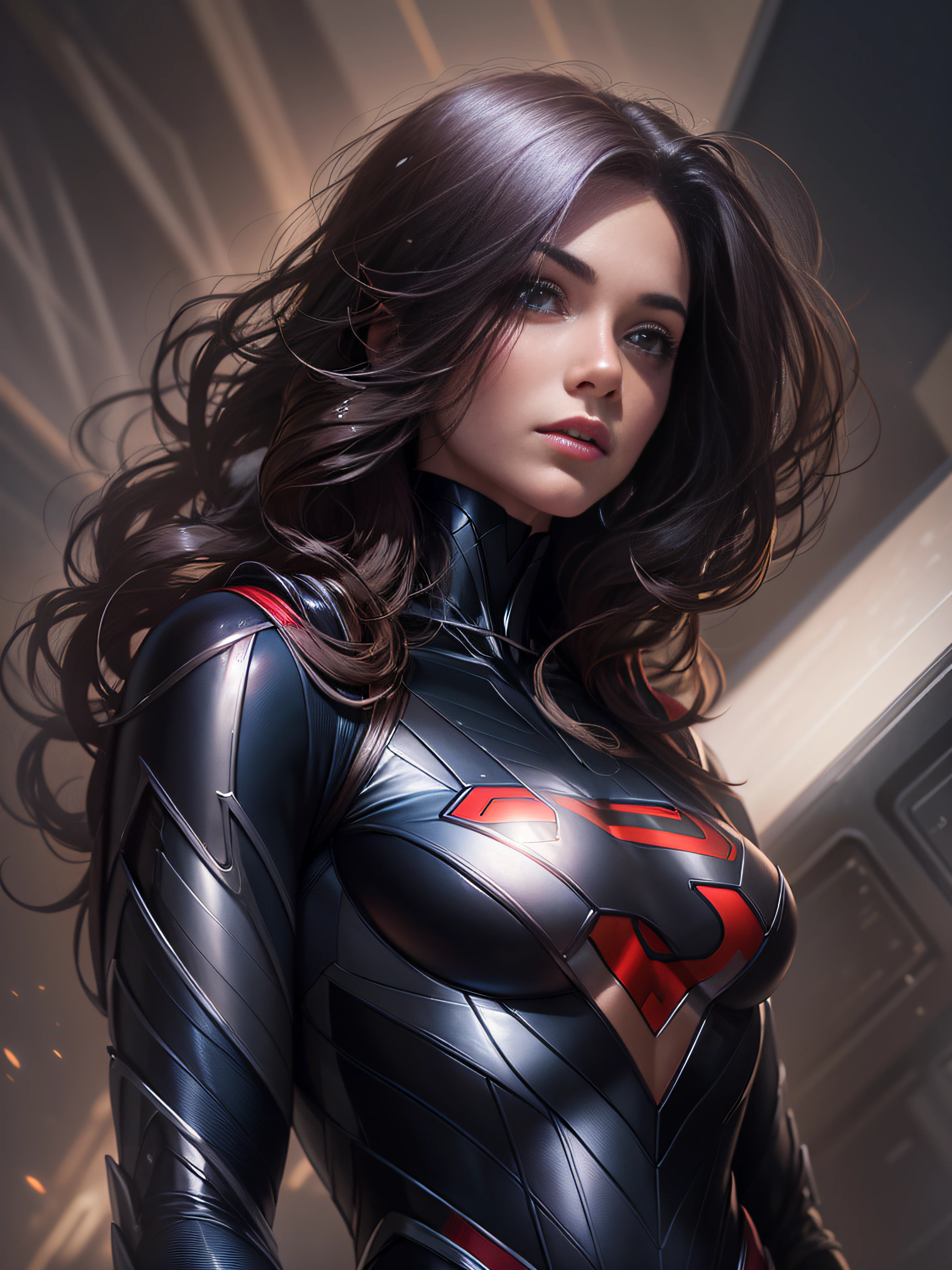 mujer Superheroina, inspirada en superman, traje de cuero brillante, fondo futurista, cuerpo completo, cabello largo, cabello negro, cabello despeinado