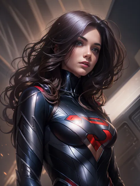 mujer Superheroina, inspirada en superman, traje de cuero brillante, fondo futurista, cuerpo completo, cabello largo, cabello ne...
