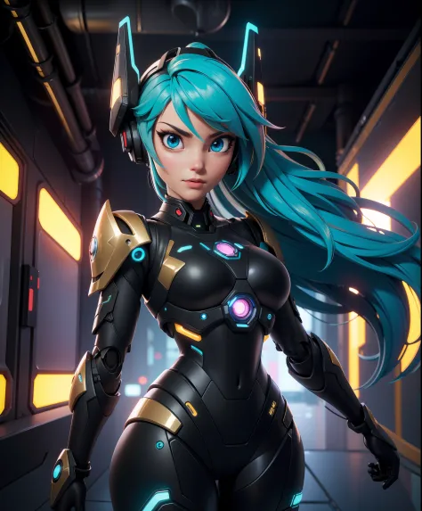 cgmech, beautiful eyes, upper body, underboob,  portrait, robot, armor, Hatsune Miku, neon light, 8K, RAW, best quality, masterp...