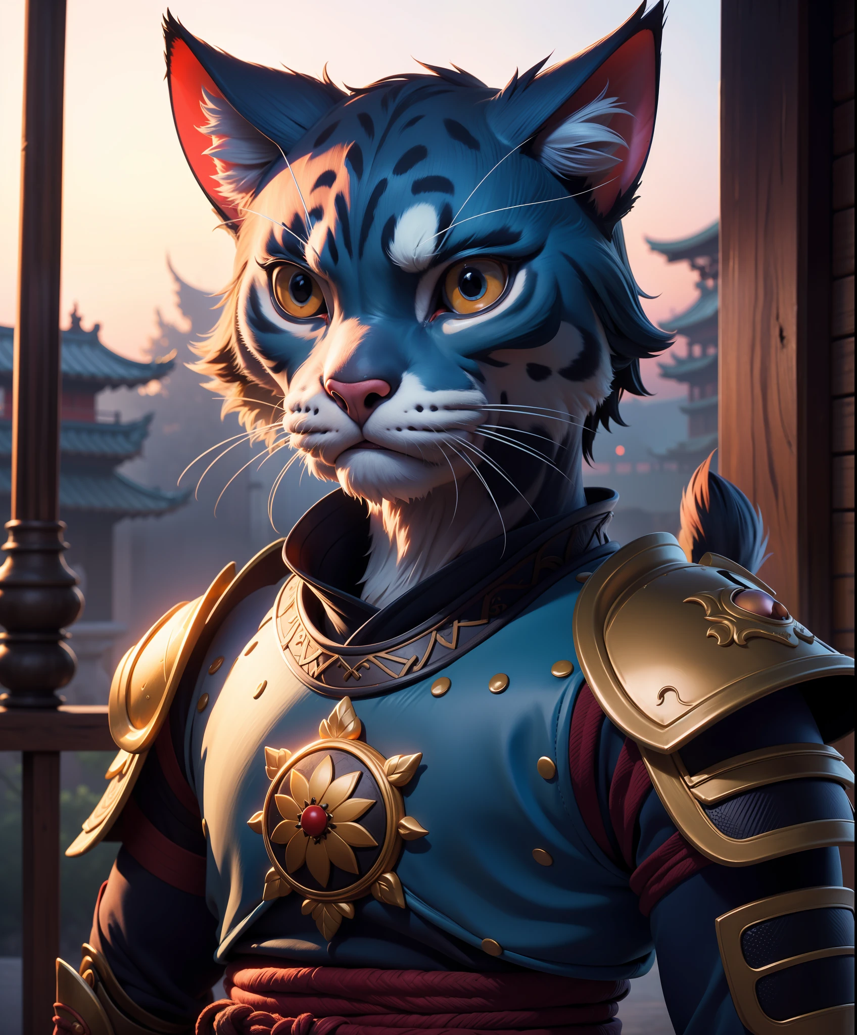 古代拟人化的猫武士使用古代武士盔甲, 摄影, 美丽的, 背景虚化寺庙背景, 丰富多彩的, 杰作, 顶级品质, 最好的质量, 官方艺术, 美丽的 and aesthetic, 实际的