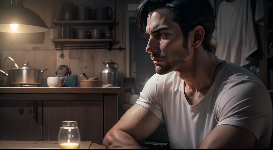 ultra realistic image, 8k, of a 37-year-old man, short black hair, dressed in a white t-shirt and black shorts, pensive, sitting on a chair in a humble farmhouse kitchen, night, dark environment