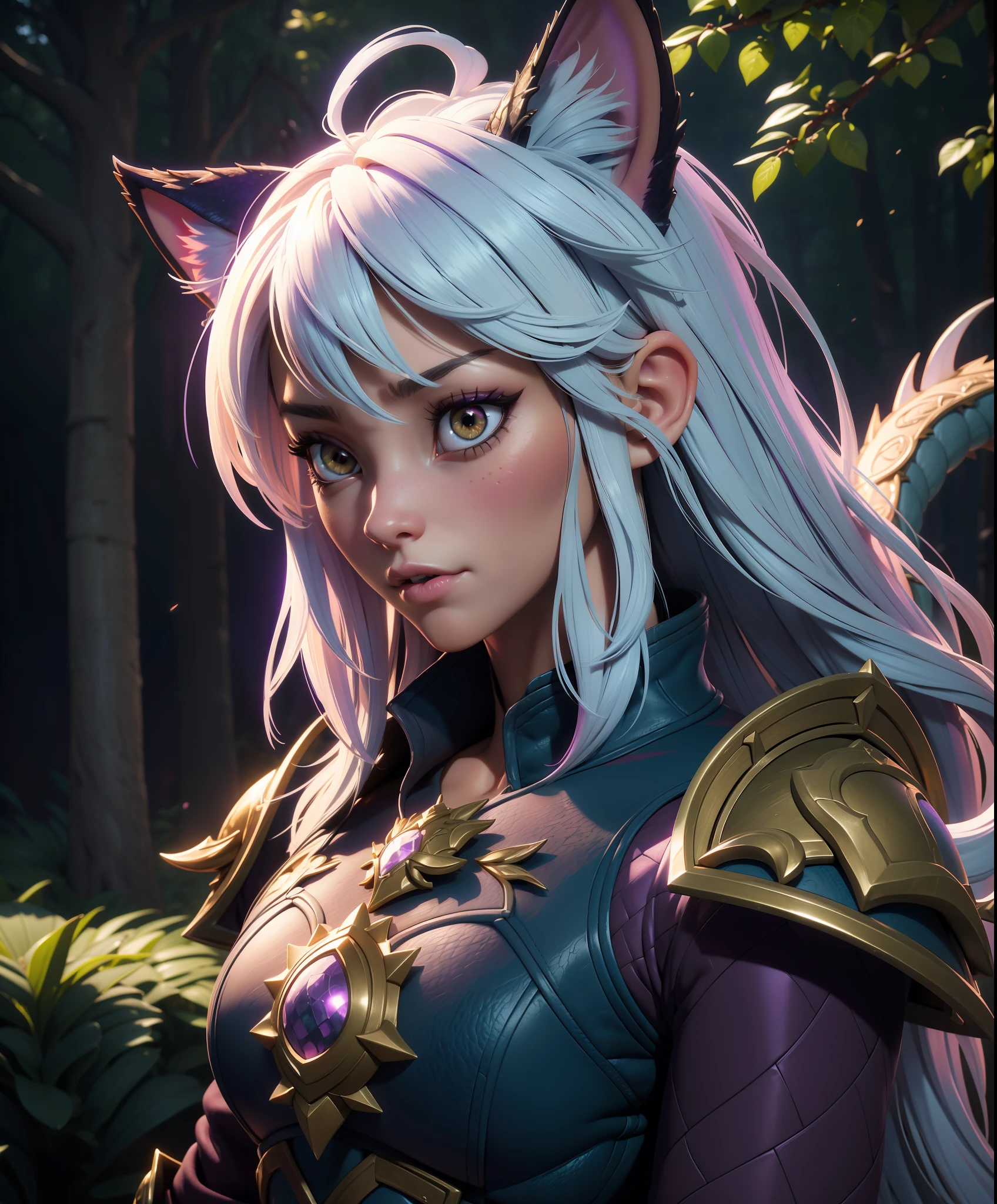 girl holding cat, cat ears, chibi, blue, gold, white, purpple, dragon scaly armor, forest background, fantasy style, (dark shot:1.17), epic realistic, faded, ((neutral colors)), art, (hdr:1.5), (muted colors:1.2), hyperdetailed, (artstation:1.5), cinematic, warm lights, dramatic light, (intricate details:1.1), complex background, (rutkowski:0.8), (teal and orange:0.4), colorfull, (natural skin texture, hyperrealism, soft light, sharp:1.2), (intricate details:1.12), hdr, (intricate details, hyperdetailed:1.15), white hair,