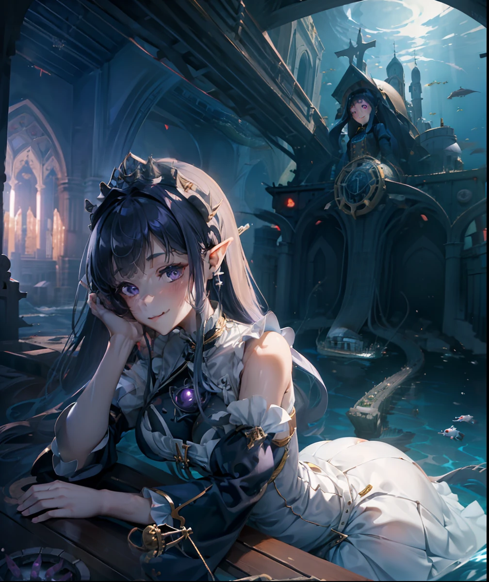 ((giantess girl. bottom of the ocean:1.2)). Beautiful girl leans out from behind the church、Look down on us. The church sank to the bottom of the sea. Girl wears a purple Gothic Lolita style dress. She looks younger. Her eyes are big. she is smiling. Wriggling tentacles. Broken church.