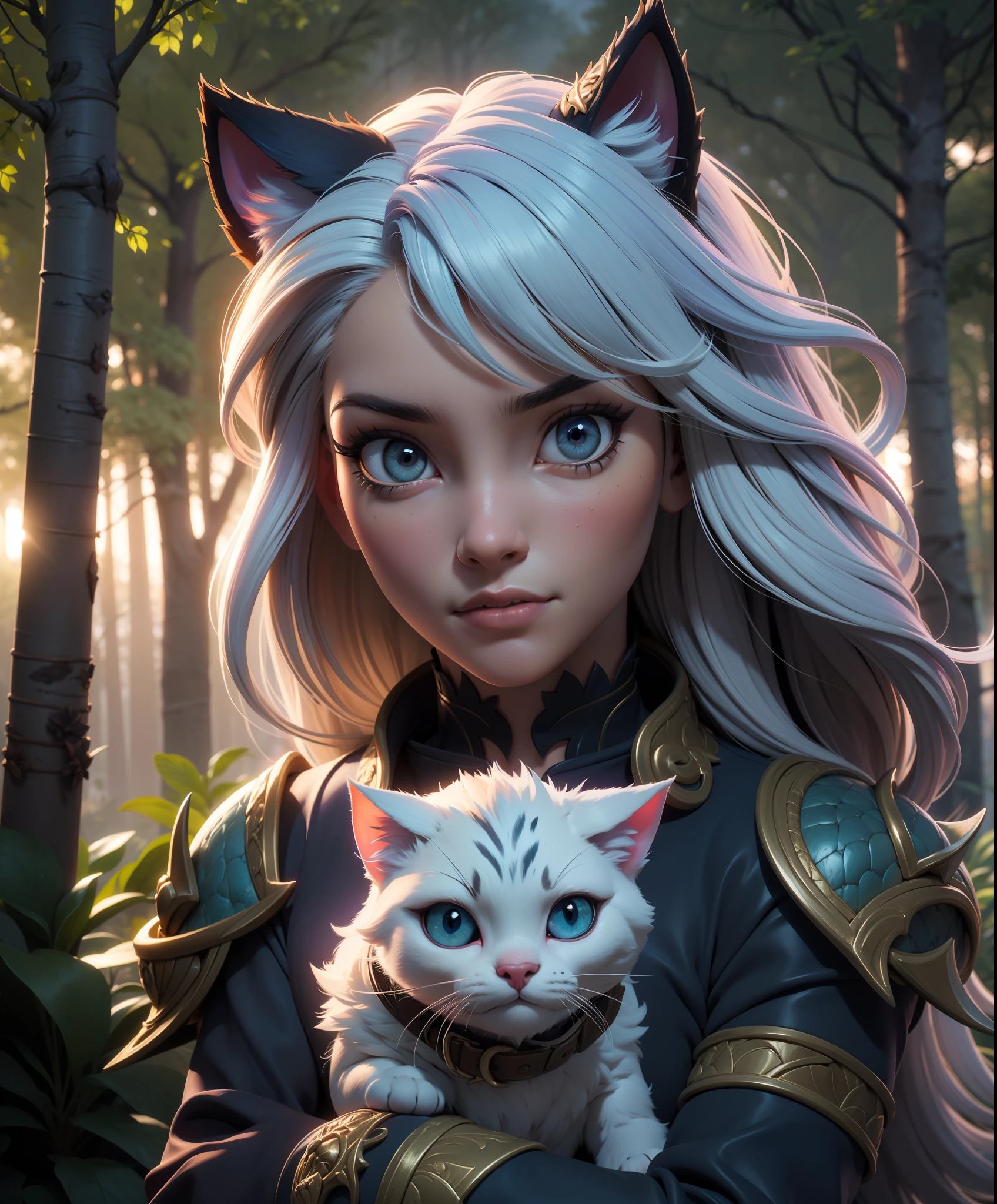 girl holding cat, cat ears, chibi, blue, gold, white, purpple, dragon scaly armor, forest background, fantasy style, (dark shot:1.17), epic realistic, faded, ((neutral colors)), art, (hdr:1.5), (muted colors:1.2), hyperdetailed, (artstation:1.5), cinematic, warm lights, dramatic light, (intricate details:1.1), complex background, (rutkowski:0.8), (teal and orange:0.4), colorfull, (natural skin texture, hyperrealism, soft light, sharp:1.2), (intricate details:1.12), hdr, (intricate details, hyperdetailed:1.15), white hair,