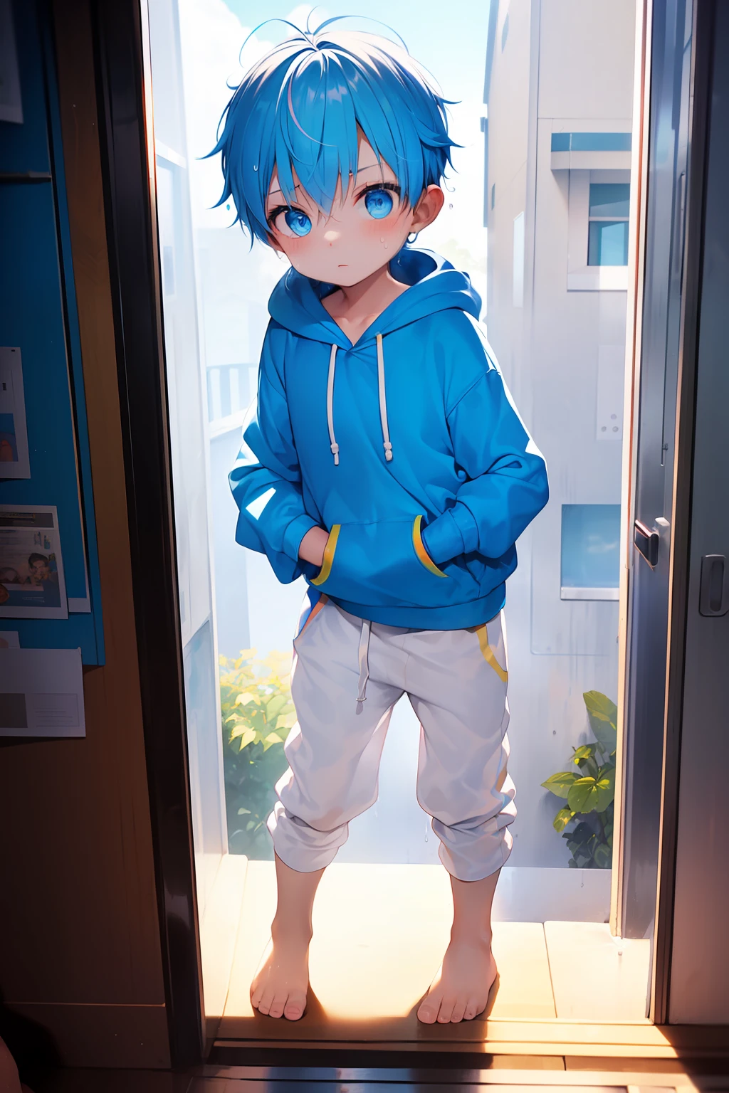 2 Little garçons with bright rainbow colored hair and shiny bright blue eyes and barefoot and petit feet wearing a yellow oversized sweatshirt à capuche and les pantalons de survêtement sitting on a window ledge, rougir, jeune, garçon, enfant, petit, enfant en bas âge, petits pieds, (les pantalons de survêtement:1.4), (jeune:1.4), (enfant:1.4), (Shota:1.4), (sweatshirt à capuche:1.4),