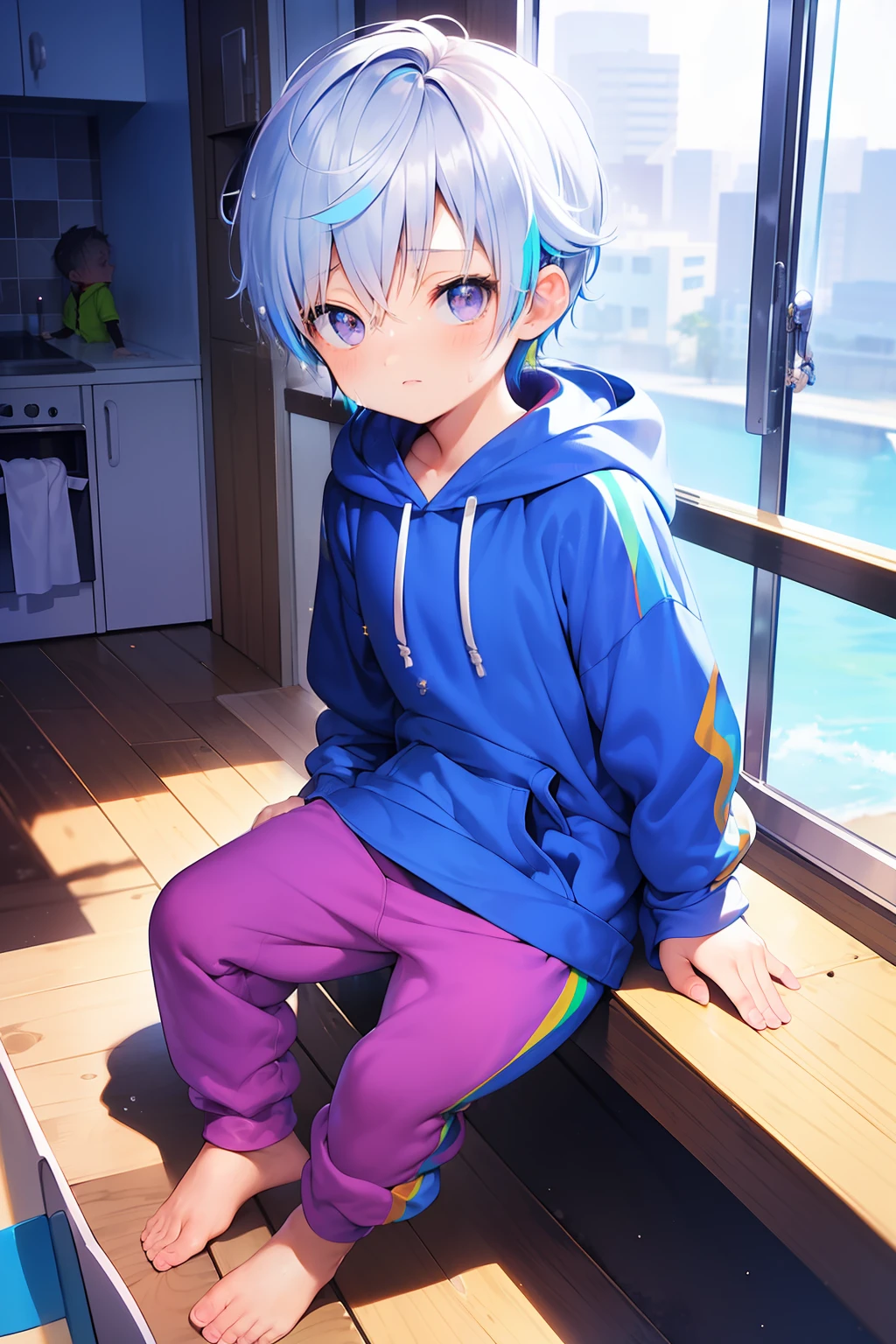 2 Little 男生s with bright rainbow colored hair and shiny bright purple eyes and barefoot and 小的 feet wearing a yellow oversized 连帽衫 and 运动裤 sitting on a window ledge, 脸红, 年轻的, 男生, 孩子, 小的, 学步的儿童, 小脚, (运动裤:1.4), (年轻的:1.4), (孩子:1.4), (翔太:1.4), (连帽衫:1.4),