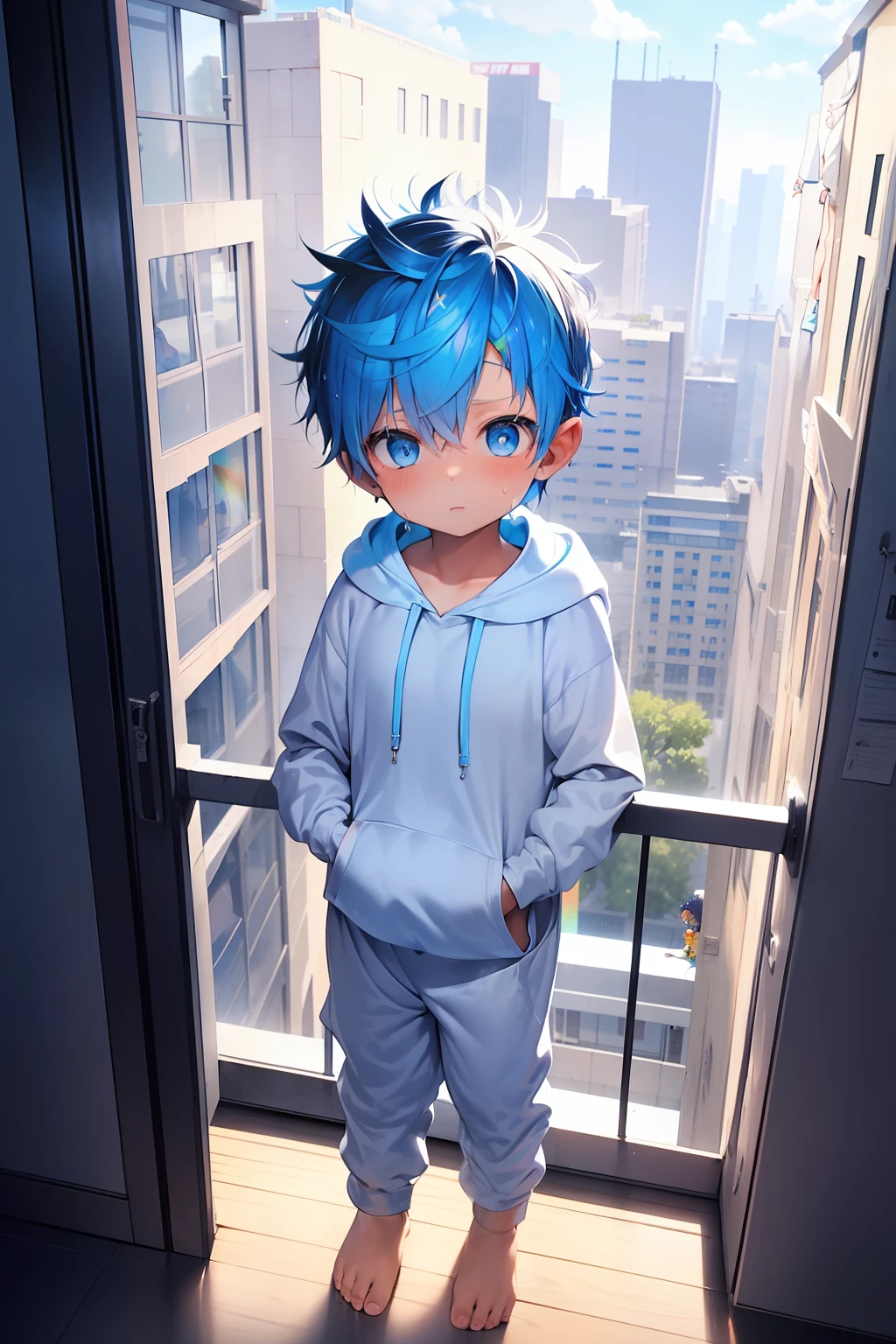 2 Little boys with bright rainbow colored hair and shiny bright blue eyes and barefoot and small feet wearing a yellow oversized hoodie and sweatpants sitting on a window ledge, blushing, young, boy, child, small, toddler, tiny feet, (sweatpants:1.4), (young:1.4), (child:1.4), (shota:1.4), (hoodie:1.4),  (hoodie:1.4)