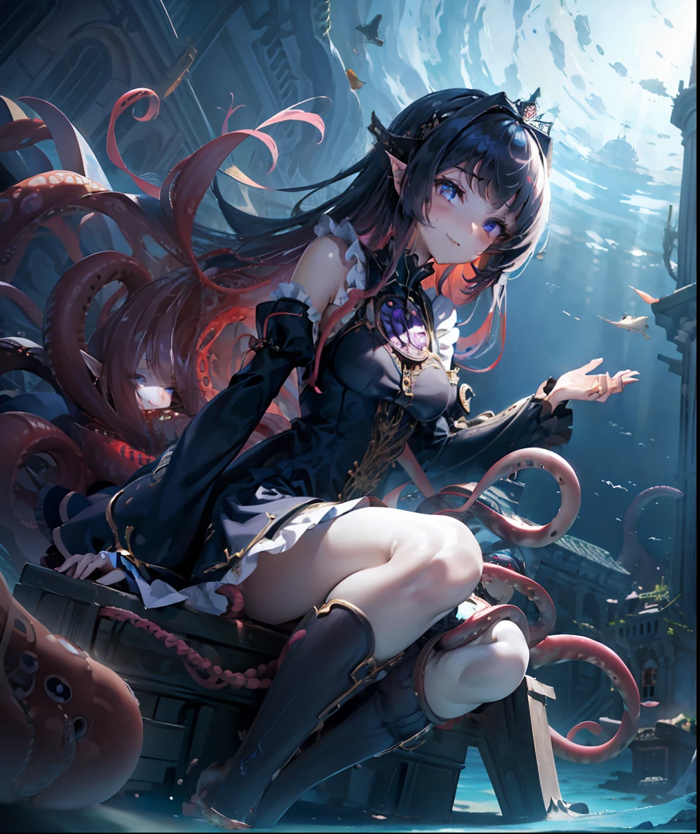 ((giantess girl. bottom of the ocean:1.2)). Beautiful girl leans out from behind the church、Look down on us. The church sank to the bottom of the sea. Girl wears a purple Gothic Lolita style dress. She looks younger. Her eyes are big. she is smiling. Wriggling tentacles. Broken church.Bottom of the deep sea.