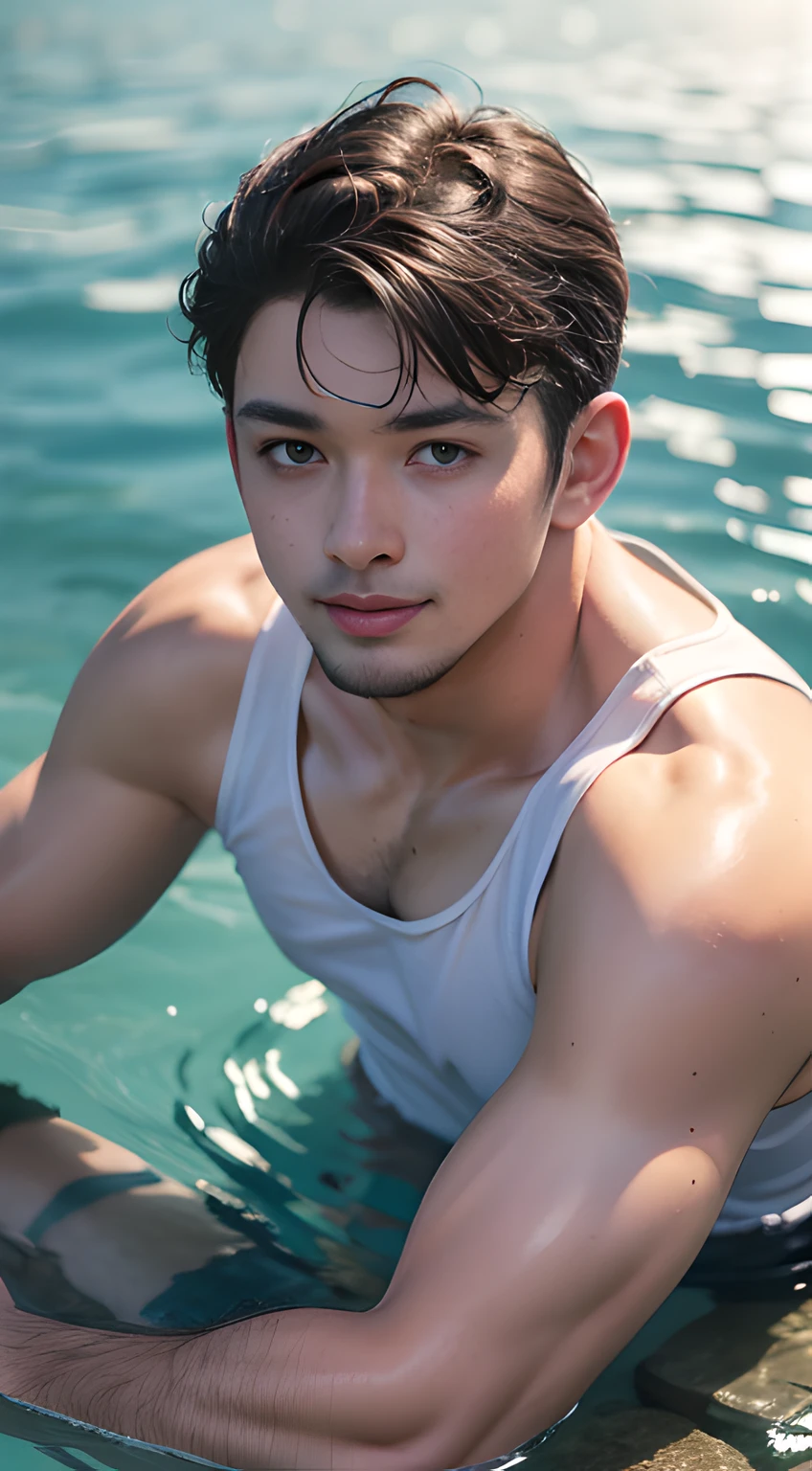 ((Men only)), (head shot), (frontal face), (handsome muscular male in his 20s wearing a white tank top floating in the water), (Chris Redfield), Mischievous smile, (detaile: 1 in 1), Natural muscles, HIG quality, beautidful eyes, (Detailed face and eyes), (Face、: 1 / 2), Noise, Real Photographics、... ...............................................................................................................PSD, Sharp Focus, High resolution 8K, realisitic & Professional Photography, 8K UHD, Soft lighting, High quality, Film grain, FujifilmXT3